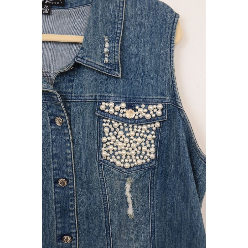 Midnight Velvet PLUS 2X Pearl Embellished Sleeveless Distressed Denim Vest Boho - Picture 5 of 8